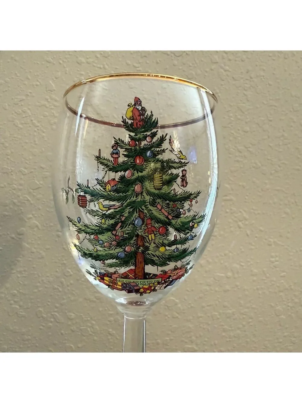 Vintage Spode Style Christmas Tree Wine Glasses with Gold Rim Set of 4 Holiday G